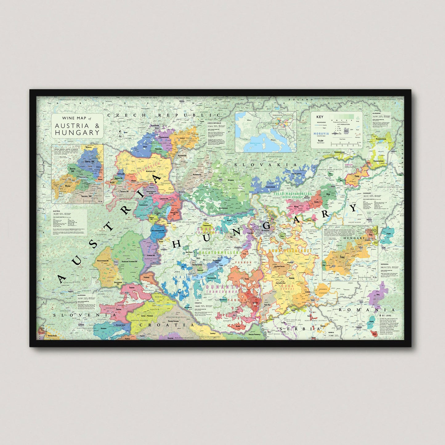 Wine Map of Austria and Hungary framed