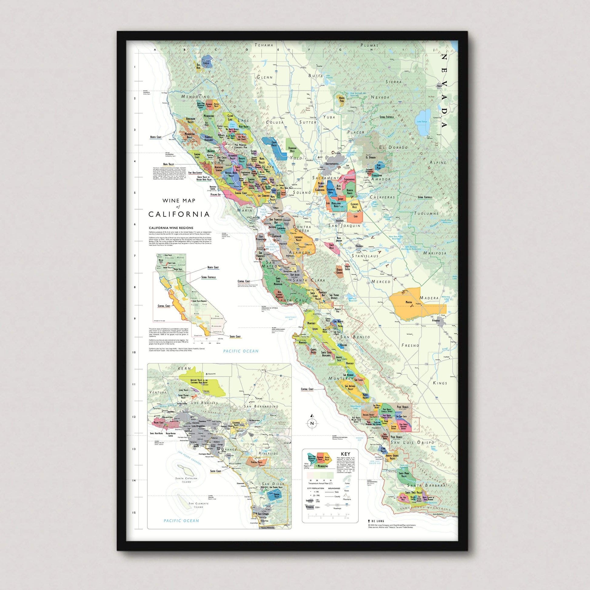 Wine Map of California framed