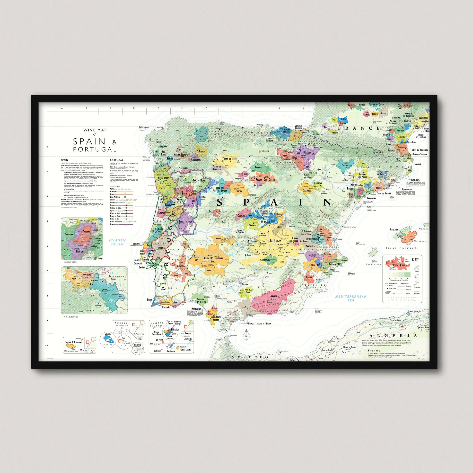 Wine Map of Spain and Portugal Framed - De Long