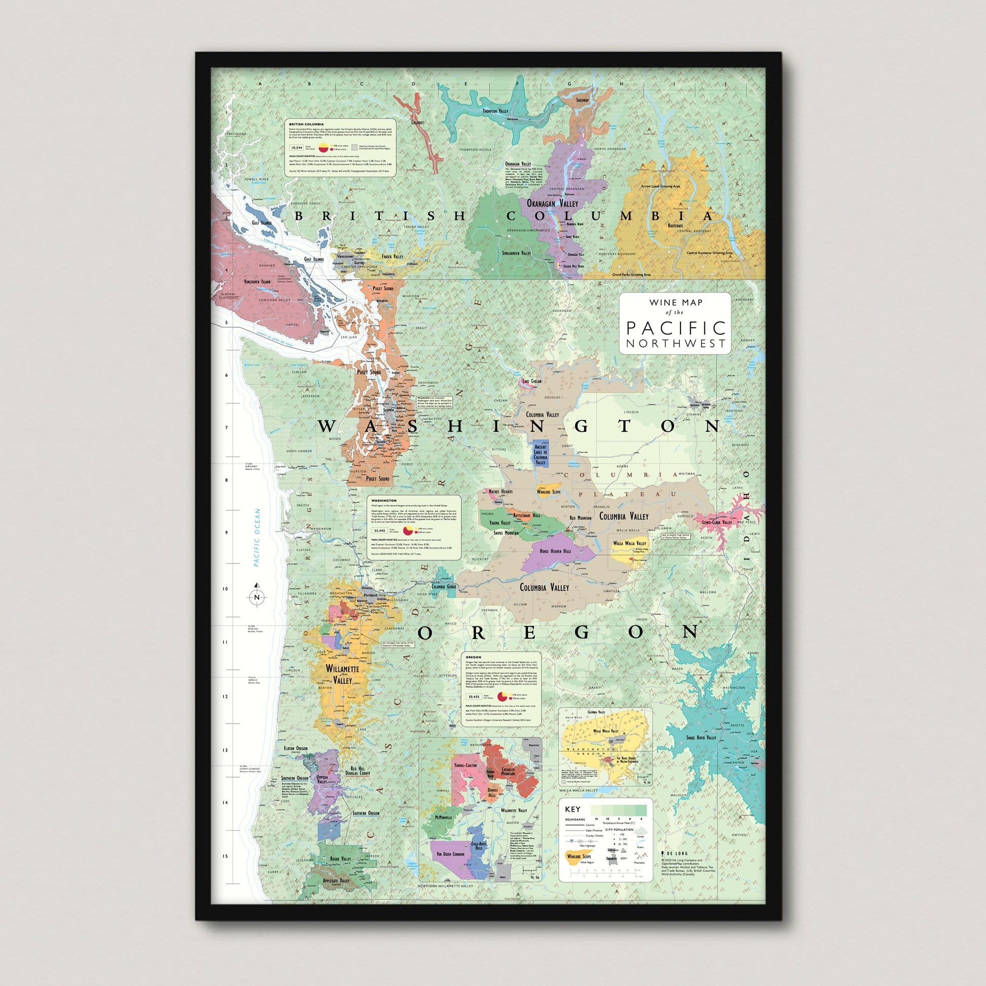 Wine Map of the Pacific Northwest (Oregon, Washington and British Columbia) framed
